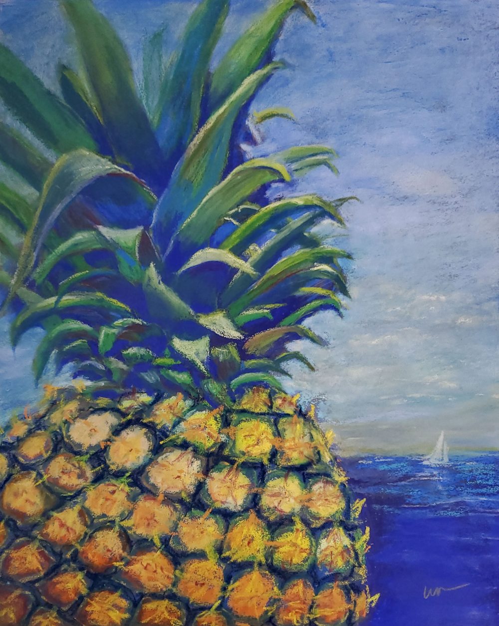 A closeup drawing of a vibrant golden pineapple with green and blue leaves set against a soft, cloudy sky and deep-blue sea with a white sailboat on the distant horizon.