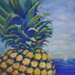 A closeup drawing of a vibrant golden pineapple with green and blue leaves set against a soft, cloudy sky and deep-blue sea with a white sailboat on the distant horizon.