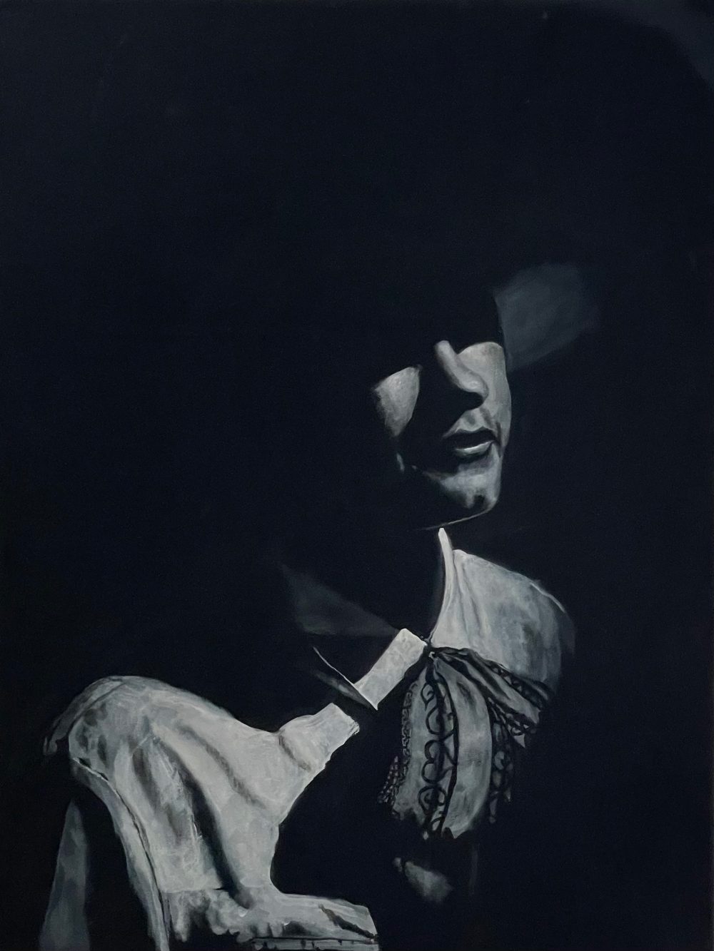 Painting of a man in the traditional Mexican Charro attire, with shadows cast across his upper body and face.