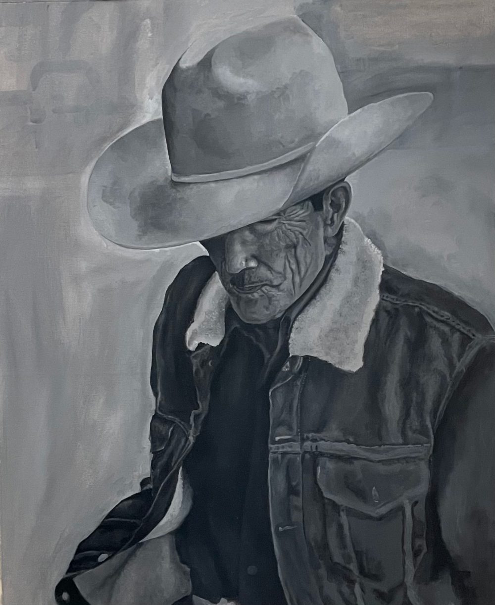 Painting of an older Mexican man wearing a denim fleeced jacket with a white tejana looking down at the road as we walks. He has deep wrinkles on his face and pursed lips.