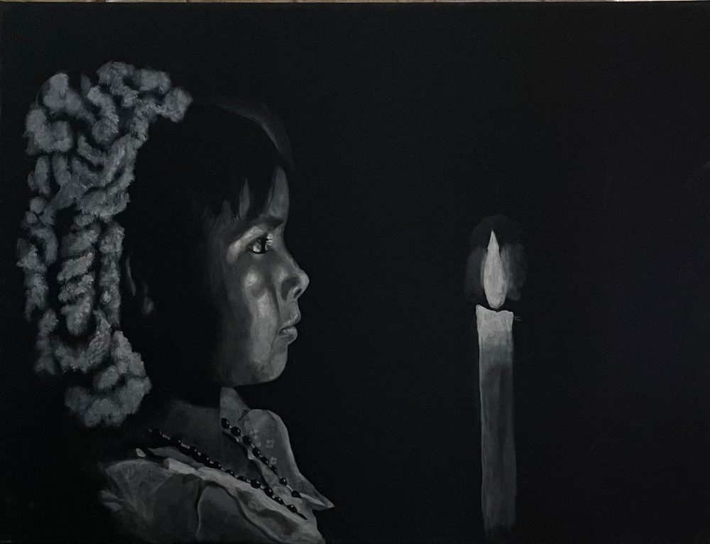 Painting in black and white, depicting of a little girl wearing a traditional Mexican embroidered dress with a candle in front of her.