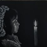 Painting in black and white, depicting of a little girl wearing a traditional Mexican embroidered dress with a candle in front of her.