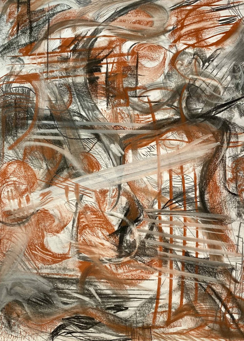 An abstract drawing featuring dark orange, black, and grey lines that have been curved, cross hatched, and smeared.