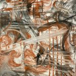 An abstract drawing featuring dark orange, black, and grey lines that have been curved, cross hatched, and smeared.