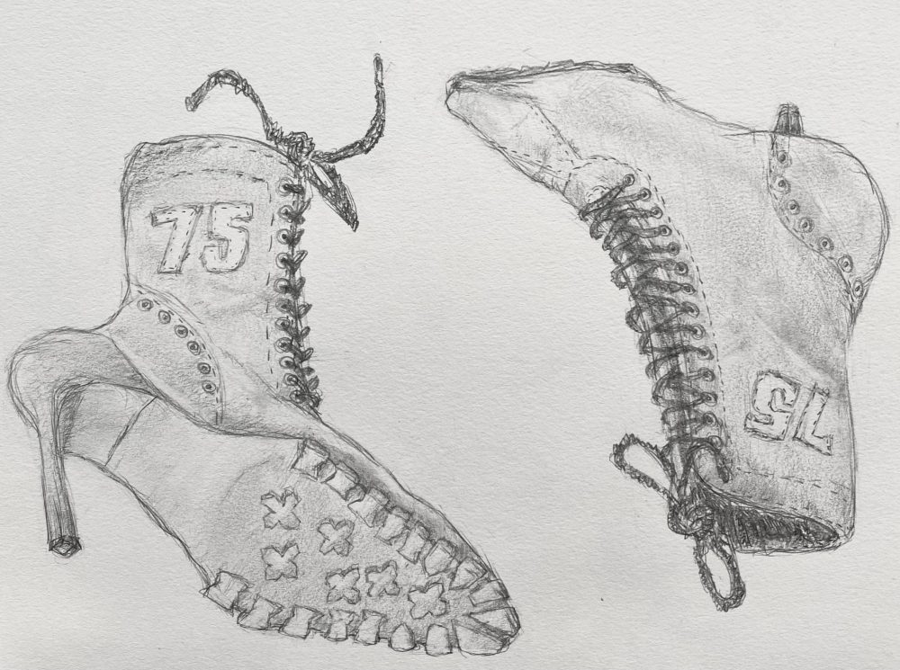 Drawing of two lace up boots with a 75 logo, left shoe with it's sole in the foreground, right shoe tilted and upside-down.