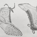 Drawing of two lace up boots with a 75 logo, left shoe with it's sole in the foreground, right shoe tilted and upside-down.