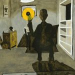 A black, white, and yellow painting of a silhouette figure seated in a dining room holding a vinyl record in the air.
