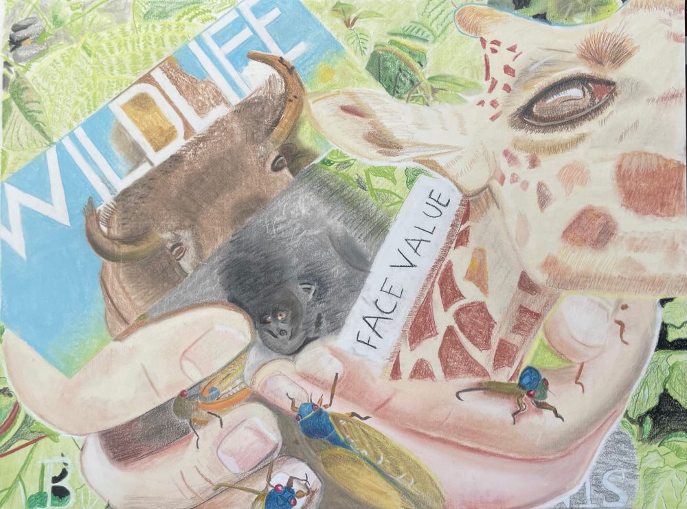 A color drawing that includes animals, being held in a hand that is diproportionately large.