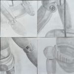 A pencil drawing, depicting closeup, cropped views of a mannequin from different angels.