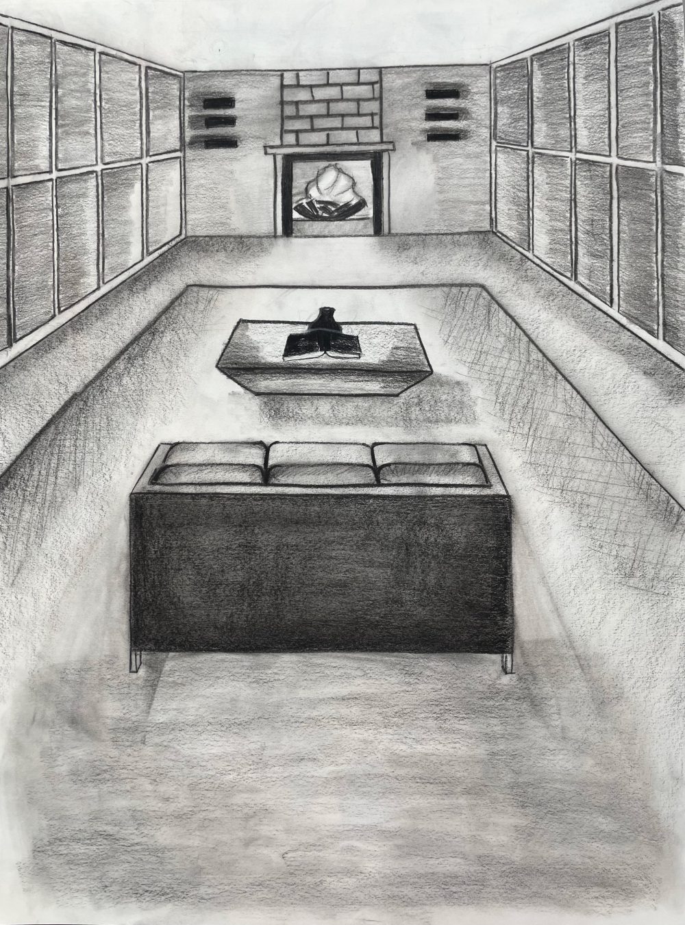 A charcoal drawing, depicting an interior space in linear perspective.