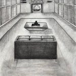A charcoal drawing, depicting an interior space in linear perspective.