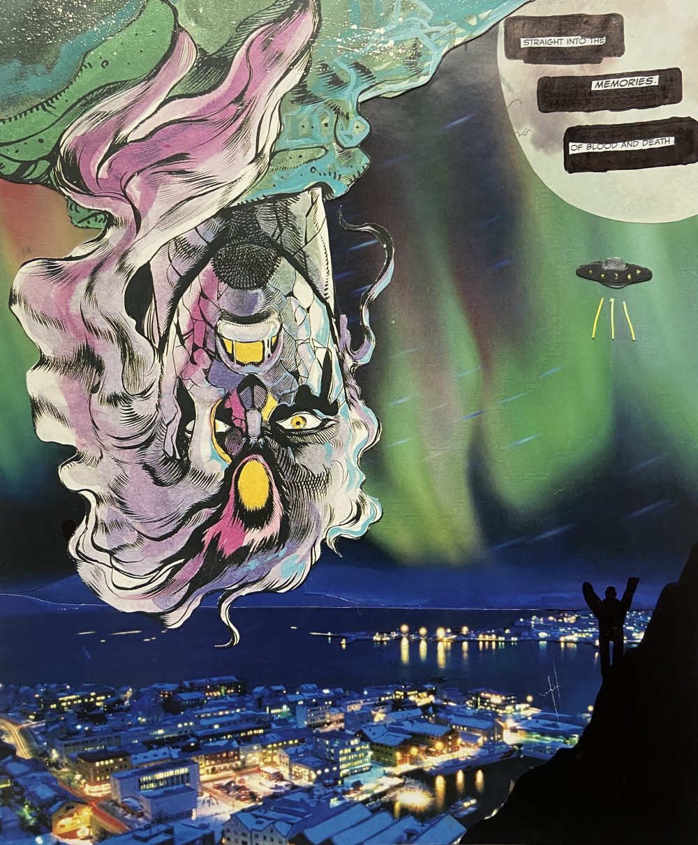 A collage depicting a metallic face, drawn in the style of a comic with long pink hair. In the background lies a city and a person with its hands in the air waving at a UFO.