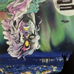 A collage depicting a metallic face, drawn in the style of a comic with long pink hair. In the background lies a city and a person with its hands in the air waving at a UFO.