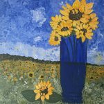 A painting of a blue vase filled with sunflowers against a field of sunflowers and a brilliant blue sky.