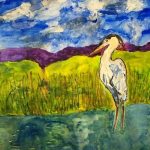 A watercolor painting of a crane standing in water with a blue sky above.