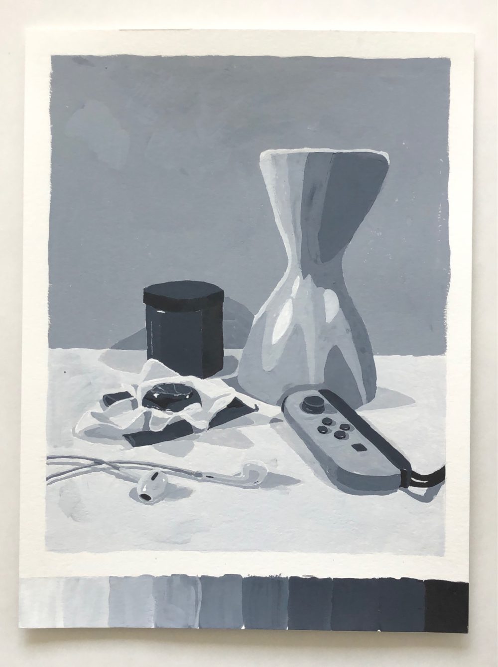 A black and white gouache still life painting of a paint jar, a vase, violin rosin, a pair of earbuds, and a Nintendo Switch Joy-Con.