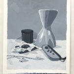 A black and white gouache still life painting of a paint jar, a vase, violin rosin, a pair of earbuds, and a Nintendo Switch Joy-Con.