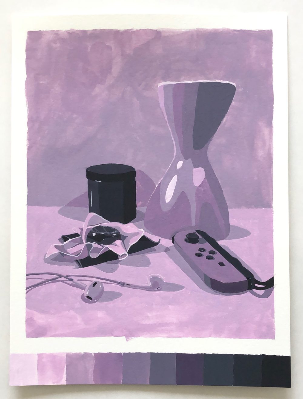 A violet monochromatic gouache still life painting of a paint jar, a vase, violin rosin, a pair of earbuds, and a Nintendo Switch Joy-Con.
