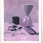 A violet monochromatic gouache still life painting of a paint jar, a vase, violin rosin, a pair of earbuds, and a Nintendo Switch Joy-Con.