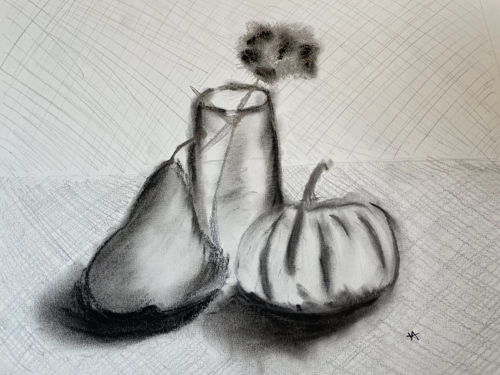 A drawing in charcoal of a pear, a glass with a flower in it and a pumpkin on a table.