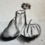 A drawing in charcoal of a pear, a glass with a flower in it and a pumpkin on a table.