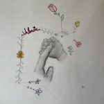 A pencil drawing of an infant hand grabbing an adults finger with the sagittarius zodiac constellation surrounding the drawing.