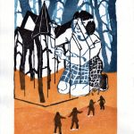 A woodblock print of a girl crouched on yellow hills behind a small, see through house, surrounded by a blue-grey forest and smaller silhouetted versions of herself.