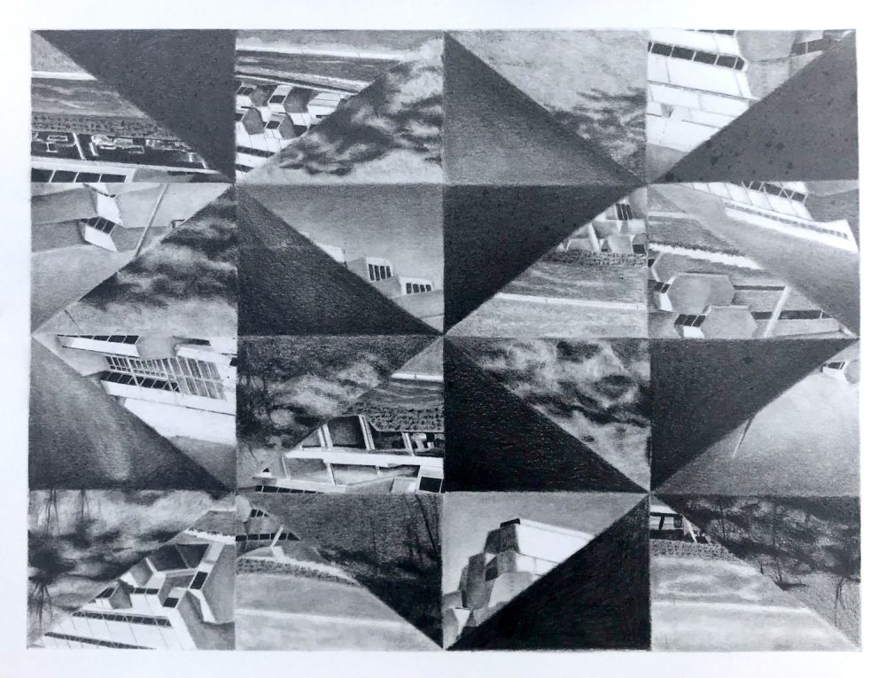 A monochromatic graphite drawing in landscape format, consisting of various architectural and landscape elements that have been split into a grid consisting of triangles.