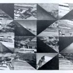 A monochromatic graphite drawing in landscape format, consisting of various architectural and landscape elements that have been split into a grid consisting of triangles.