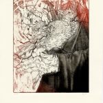 A copperplate print in red and black featuring a crow with veins coming out of its neck and wings perched on a hand, with architectural elements and a labyrinth pattern with a man's silhouette in the background.