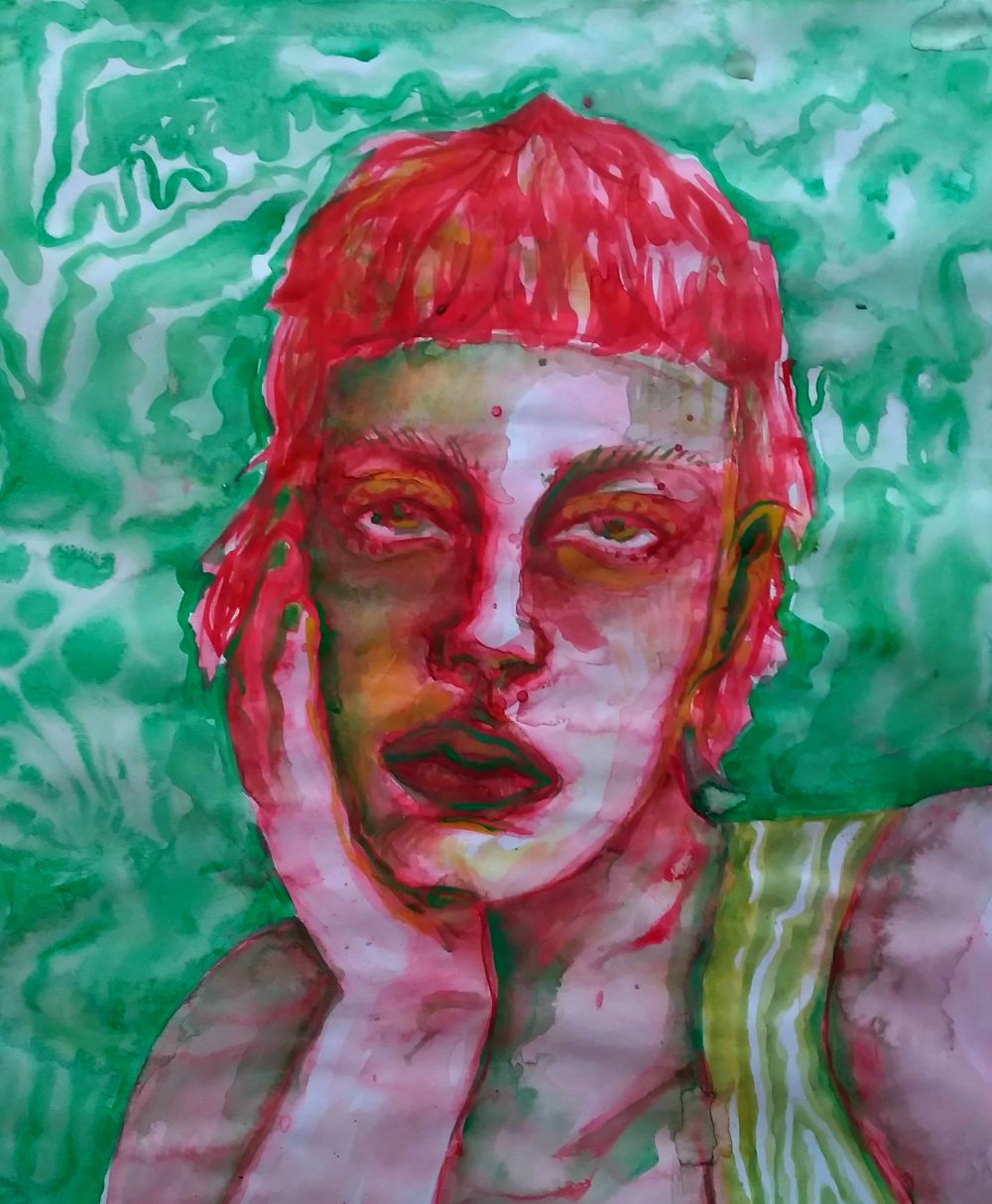 A painting in vibrant shades of magenta and green of a bored-looking person facing forward