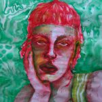 A painting in vibrant shades of magenta and green of a bored-looking person facing forward