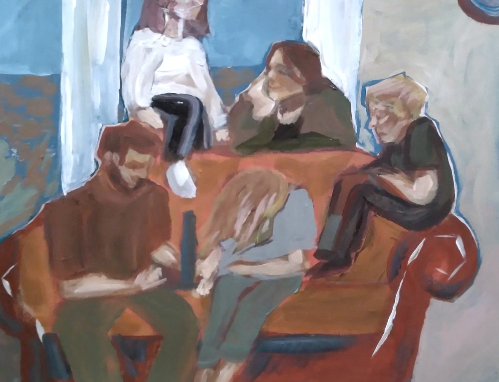 A painting of five people gathered on and around a couch, in varying shades of cool neutrals.