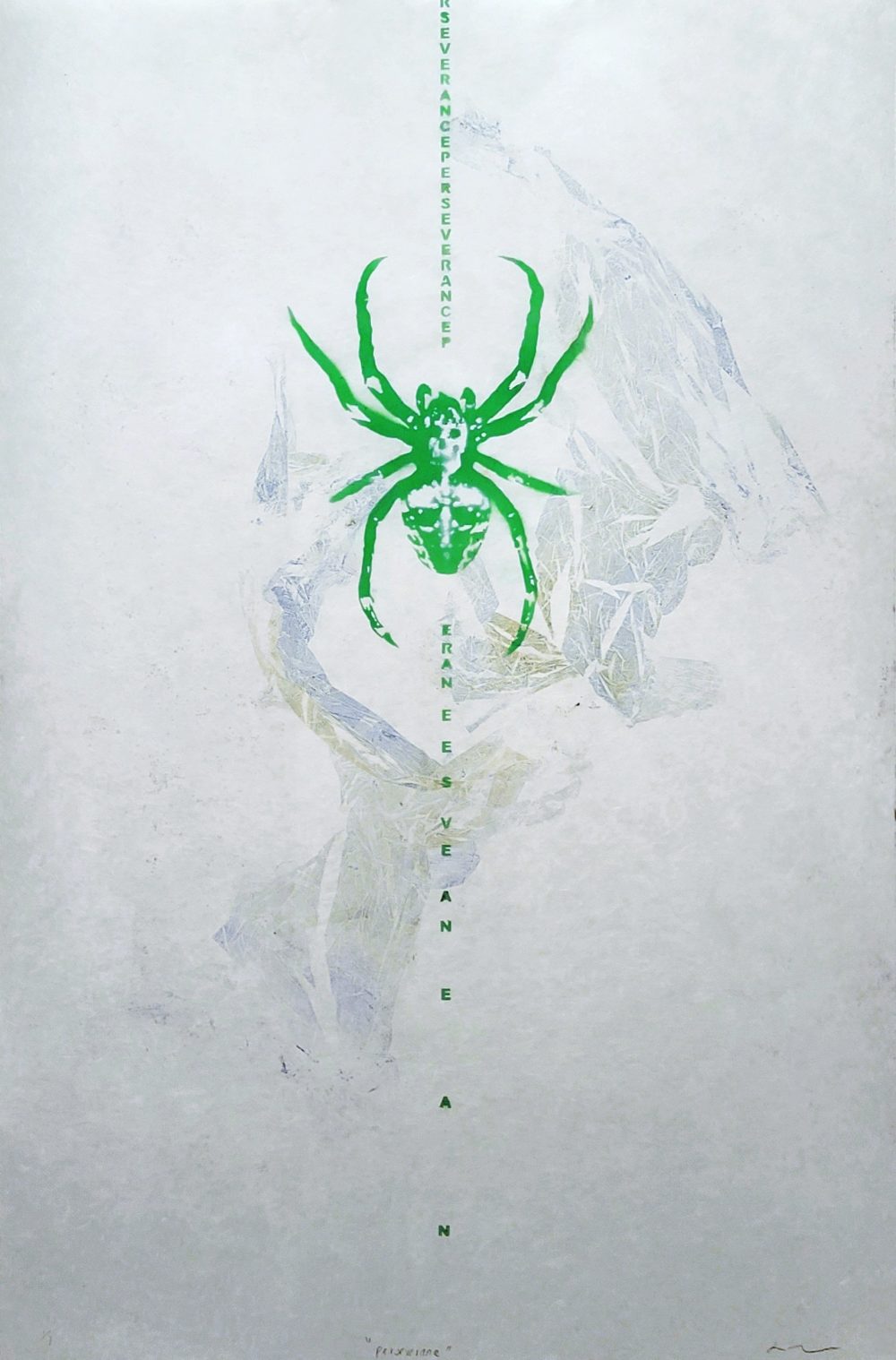 An ethereal monotype composition featuring a green spray-painted spider.
