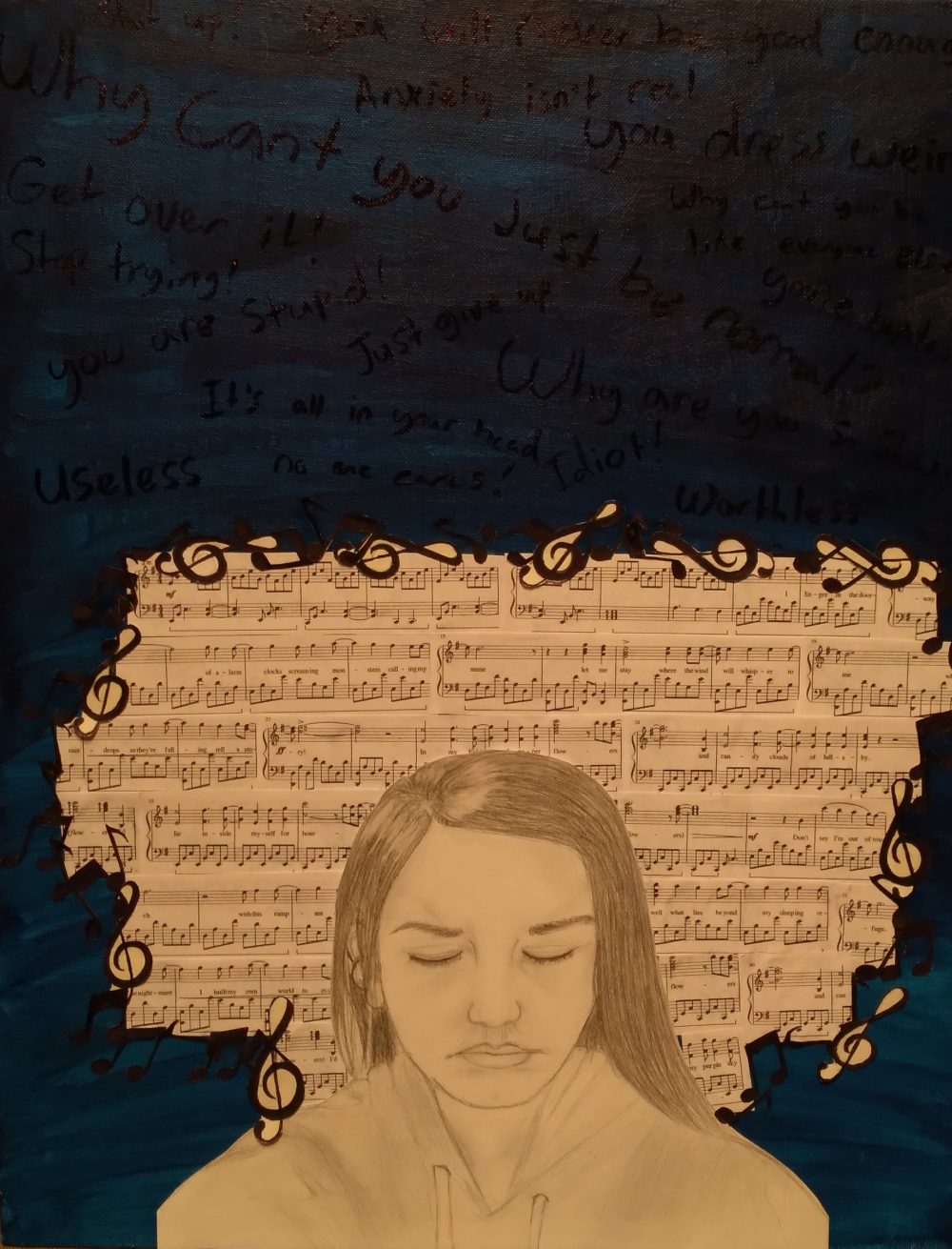 Painting of dark blue background with music notes and a black and white drawing of a woman's head.