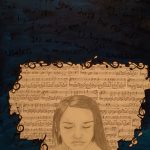 Painting of dark blue background with music notes and a black and white drawing of a woman's head.