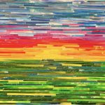 A painted collage of the sun setting, made up of many little vibrant strips of multicolored paper.