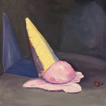 A painting image of a pink ice cream cone in a black garbage can that is melting, with a cherry resting beside a melting puddle of ice cream.