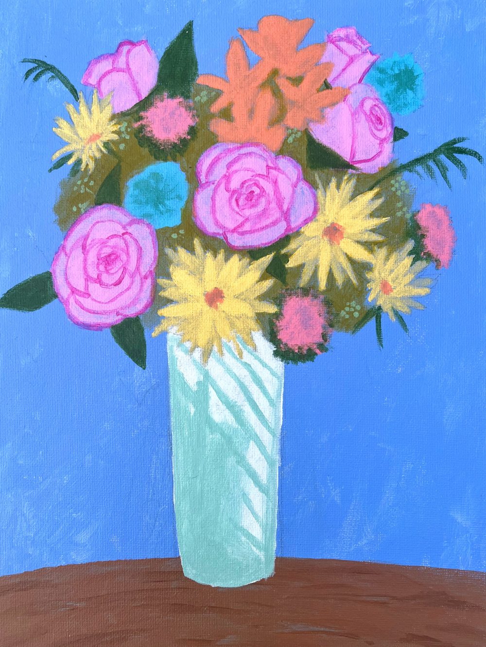 A painting of a bouquet of flowers with a mint blue stained vase on top a rounded wood table with a light blue wall behind it.
