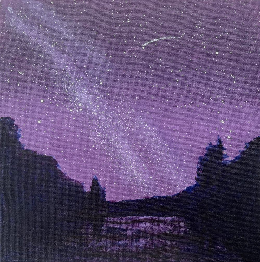 A painting of the milky way with primary purple colors above a river that reflects the stars and Milky Way above. In front of the Milky Way is the silhouette of tress and hills.