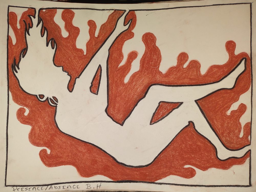A drawing of a woman falling backward, surrounded in orange marks depicting liquid of some type.