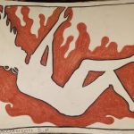 A drawing of a woman falling backward, surrounded in orange marks depicting liquid of some type.