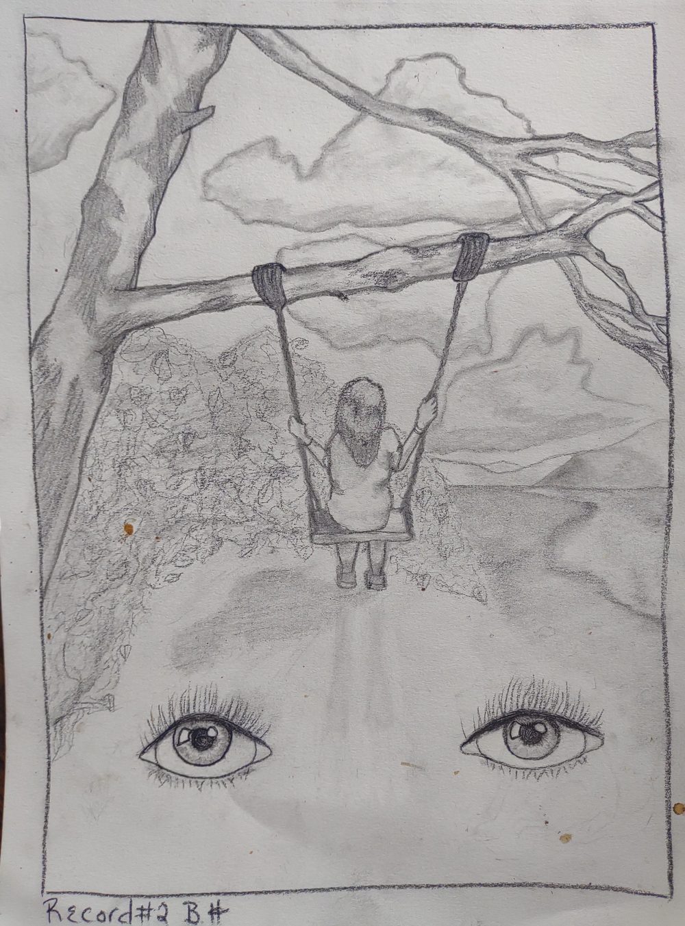 A drawing of a girl on a swing attached to a tree, with two large eyes on the bottom foreground