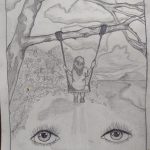 A drawing of a girl on a swing attached to a tree, with two large eyes on the bottom foreground