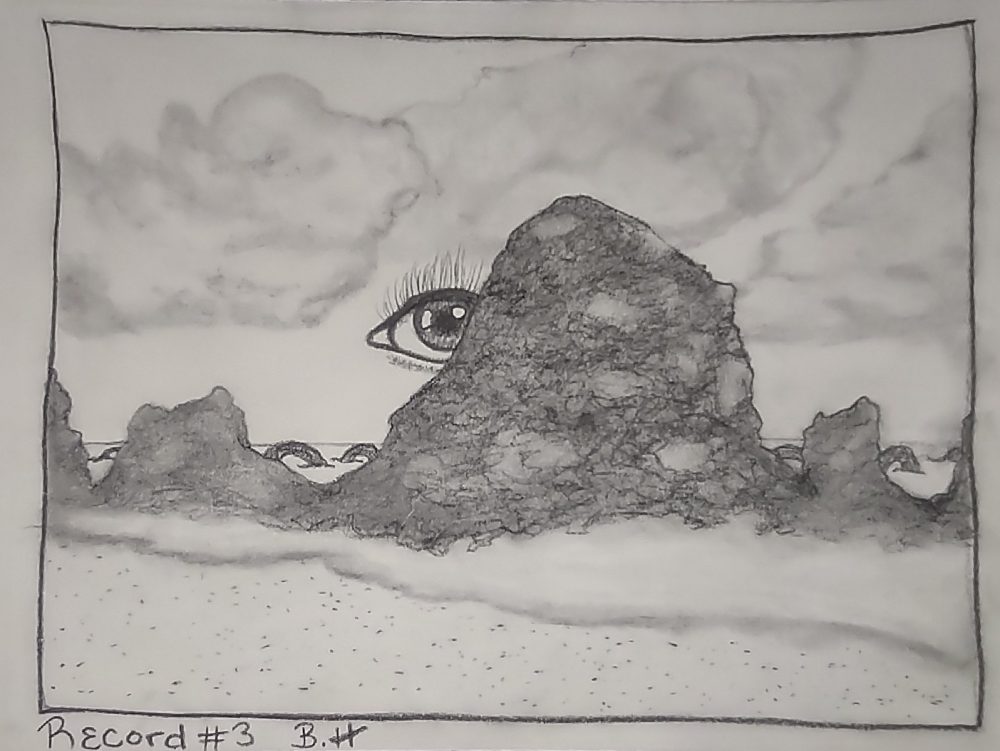 A drawing of a large cluster of rocks on a rainy coastline, with an eye peeking from behind the largest rock, and a large sea creature in the distant background.