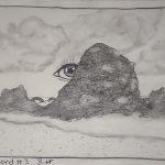 A drawing of a large cluster of rocks on a rainy coastline, with an eye peeking from behind the largest rock, and a large sea creature in the distant background.