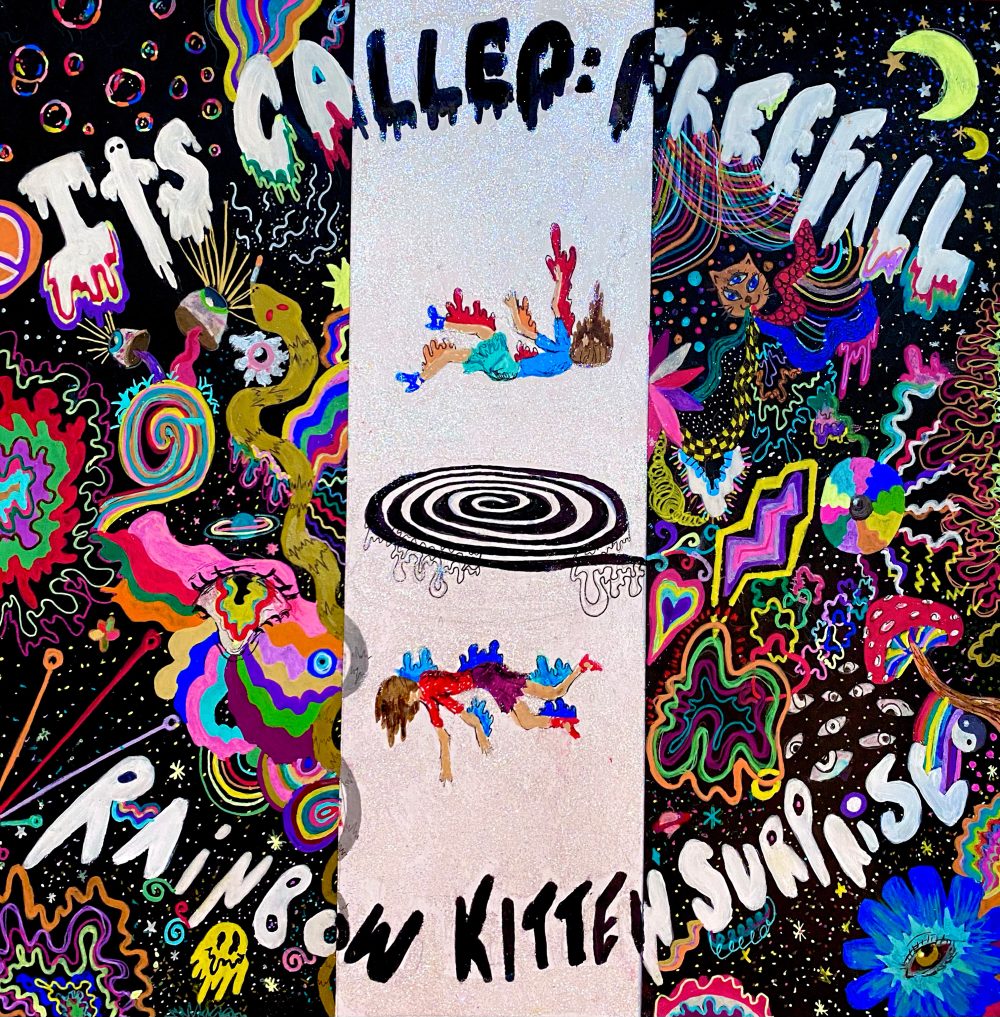 A vivid psychedelic poster with a girl falling through a black hole.