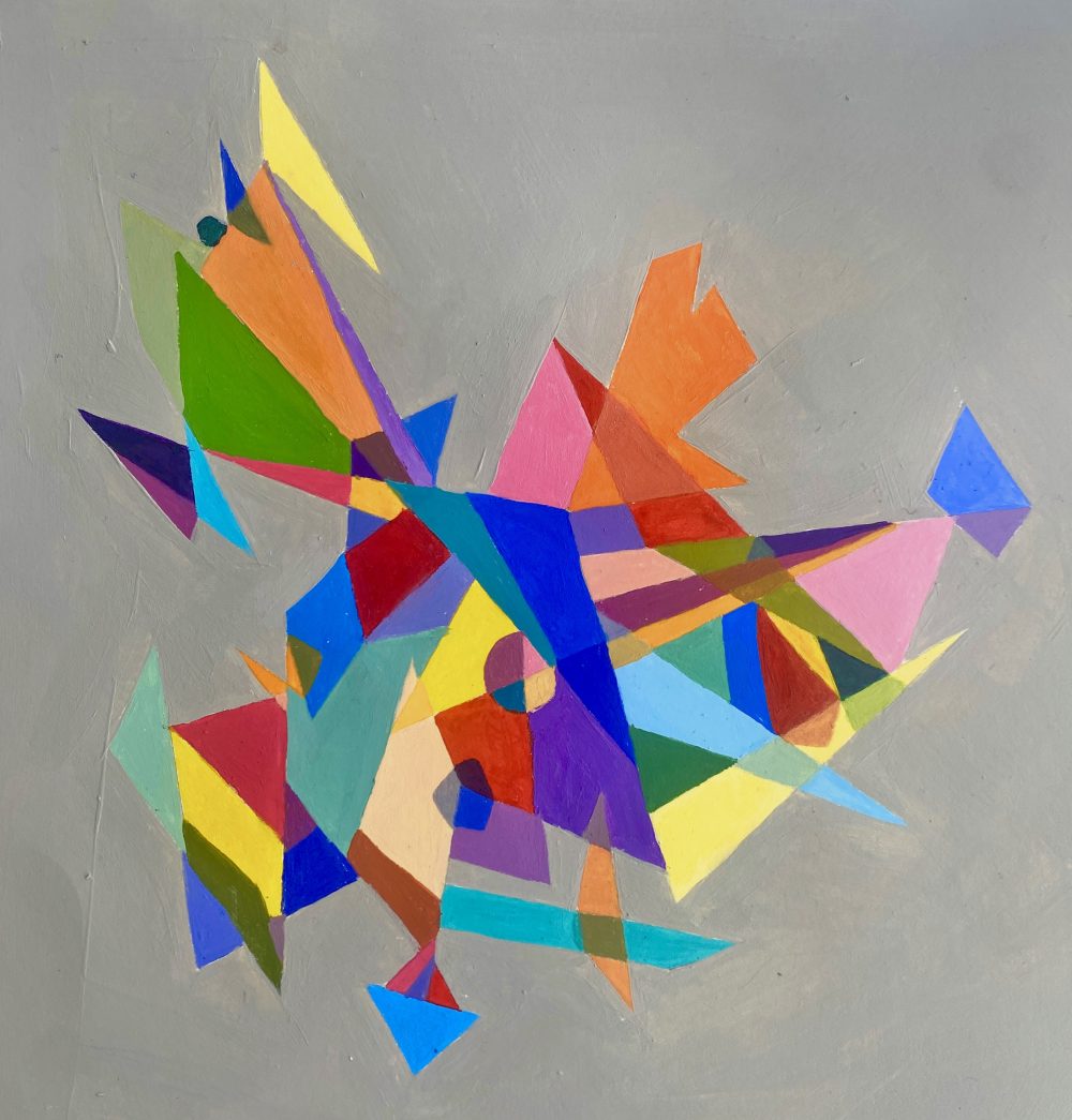 A painting of bright angular shapes that overap and interact with sharp points and edges with a grey background.