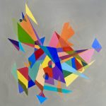 A painting of bright angular shapes that overap and interact with sharp points and edges with a grey background.