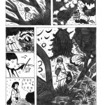 A black and white manga representation of a woman walking through the woods.